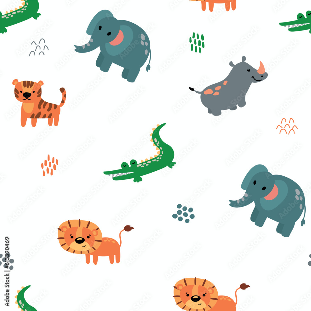 Fototapeta premium Seamless pattern with safari animals. Lion, tiger, elephant, rhinoceros, crocodile. Design for fabric, textile, wallpaper, packaging.
