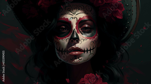 Catrina, latin woman Illustration , mexican folklore, traditional. ai generative.