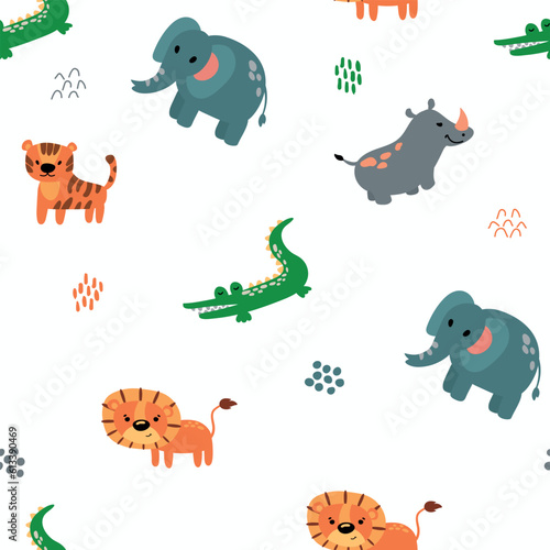 Seamless pattern with safari animals. Lion, tiger, elephant, rhinoceros, crocodile. Design for fabric, textile, wallpaper, packaging.
