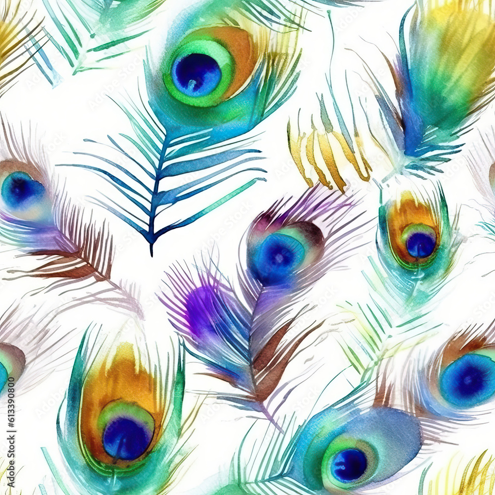 Obraz premium Peacock feathers watercolor seamless repeat pattern on white background [Generative AI] 