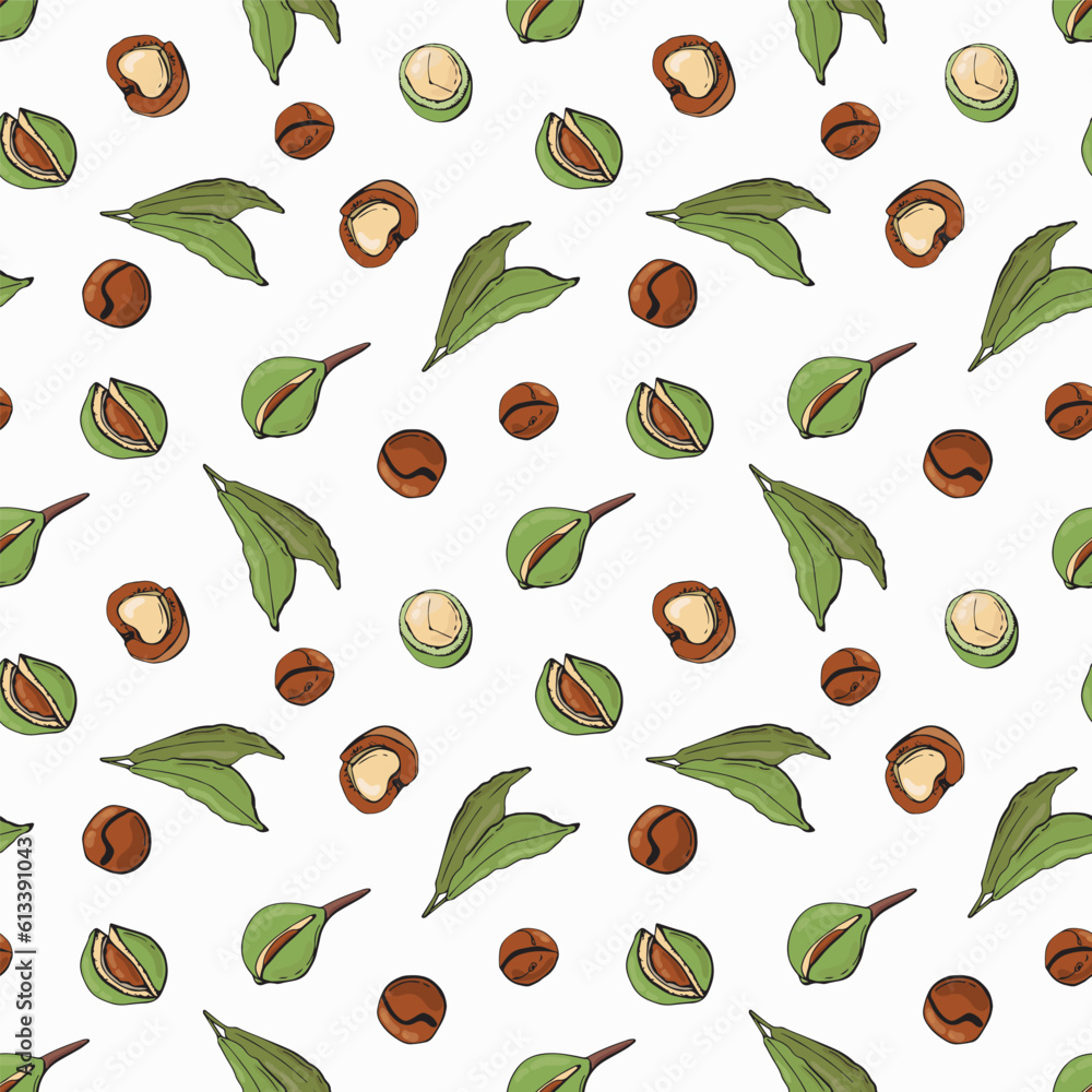 Seamless pattern with macadamia nuts. Design for fabric, textile, wallpaper, packaging. Seamless pattern with macadamia nuts. Design for fabric, textile, wallpaper, packaging.