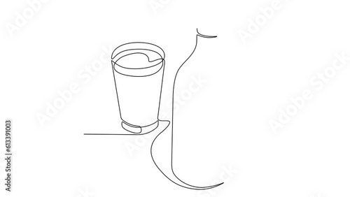 Animated self drawing of single continuous line draw for bottle and glass with milk containt. drinking milk activity in simple linear style design concept. beverage with Full length one line animation photo