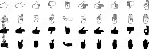 Hand gesture icon set of various shapesIncluded icons as fingers interaction, pinky swear, forefinger point, greeting, pinch, hand washing and more. Vector illustration