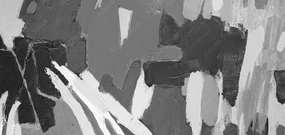 Monochrome abstract painting texture closeup. Gray art background. Rough paint brush strokes. Grayscale texture. Coal cosmetics label tag design. Environmental protection banner. Charcoal illustration