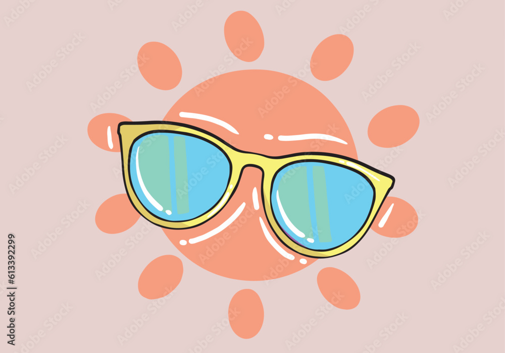 Hand drawn summer concept sun glasses. Summer design colorful cartoon sun glasses.