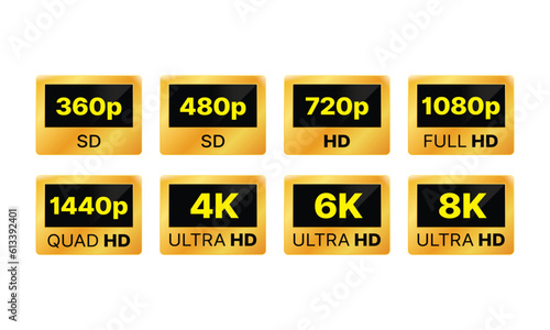 Video resolution display definition icons, Golden 8k 4k 5k ultra hd video resolution icon