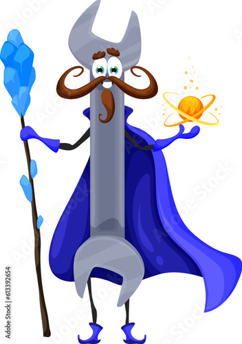 Cartoon Halloween wrench tool wizard character. Diy instrument hold staff and power ball. Vector funny smiling construction or fixing instrument personage dressed in warlock robe on holiday party photo