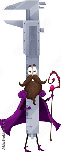 Cartoon Halloween vernier caliper tool wizard character. Isolated vector warlock construction measurement instrument dressed in Hallowmas attire with playful face expression holding magic wiz staff