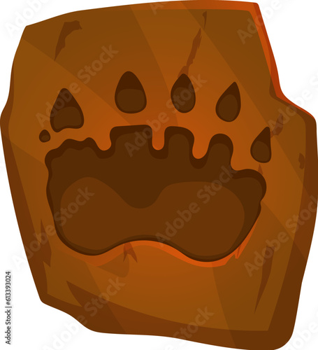 Ancient dinosaur footprint with claws, archeology fossil. Prehistoric reptile foot track or trail, ancient animal step, paleontology or evolution museum fossil vector footprint, dinosaur paw in stone