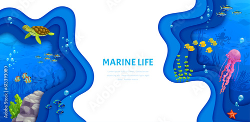Landing page cartoon tropical sea paper cut landscape with turtle, seaweeds, fish shoal and starfish. 3d vector web banner with vibrant underwater world, complete with colorful marine life and scenery