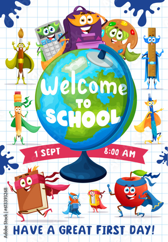 Back to school flyer, cartoon superhero stationery characters, vector poster. Welcome back to school, education books, pens and student stationery supplies on textbook checkered background