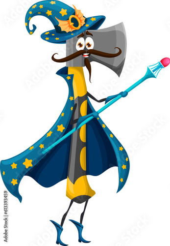 Cartoon Halloween axe or hatchet tool wizard character. Funny magician DIY personage casts spell with magic staff. Isolated vector whimsical construction instrument wear sorcerer or astrologer attire