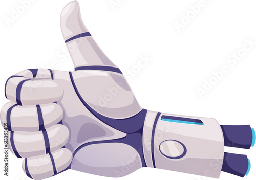 Robot hand with thumb finger up, ok sign. Vector future artificial technology cyborg droid mechanical prosthesis, cyborg arm