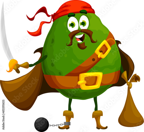 Cartoon Halloween avocado pirate character. Isolated vector vegetable in buccaneer costume, cloak and bandana with cutlass and money sack in hands. Amusing corsair fantasy fairytale captain filibuster