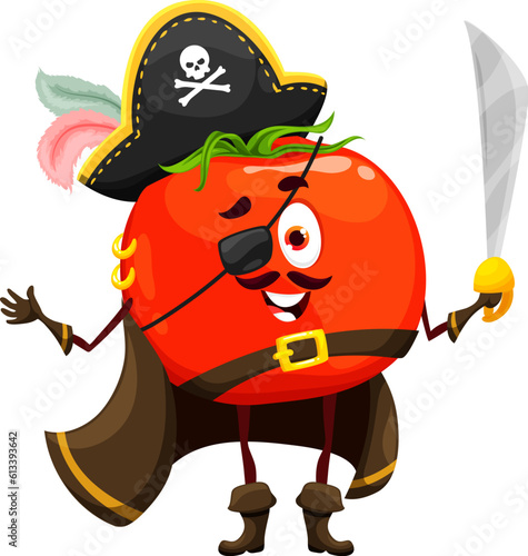 Cartoon Halloween tomato pirate character. Vector ripe vegetable corsair, comic cheerful plant sea dog wear fete filibuster captain clothing, eye patch, buccaneer cocked hat and cape and hold saber
