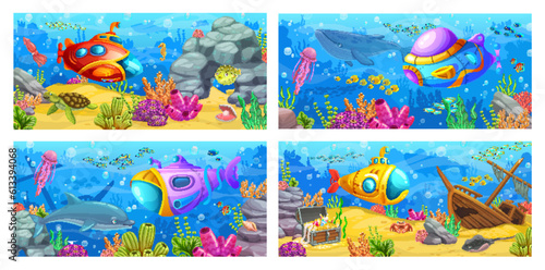 Cartoon underwater sea submarine and bathyscaphe on vector background of deep ocean water landscape. Color underwater ships and boats with periscopes and portholes  coral reef  fish and animals