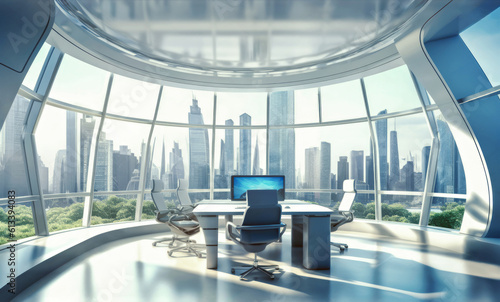 Corporate office with futuristic design, Generative AI