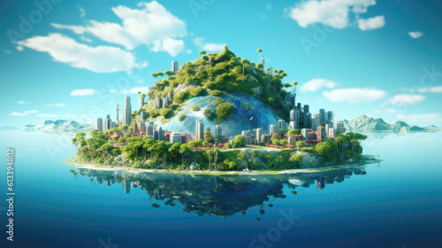 A Fantastic Island Floating With Digital City. Generative AI © Ян Заболотний