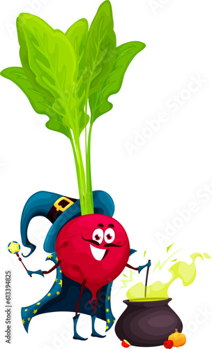 Cartoon halloween radish wizard character. Isolated vector funny enchanter vegetable wear cloak and pointed hat cooking potion in cauldron. Jovial magician personage with enchantment magical items