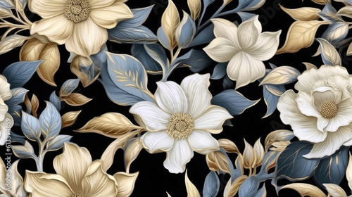 Beautiful Golden White Cream Soft Blue Pale Gray Gilding Flowers Seamless Tile. Generative AI