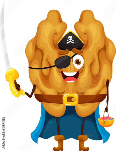 Cartoon Halloween pirate walnut character. Isolated vector nut wearing buccaneer costume, eye-patch, cloak and tricorn hat with cutlass in hand. Amusing corsair, fantasy fairytale captain filibuster