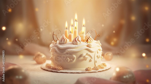 Cake With Candles On A Cream Background Greeting Card Design. Generative AI