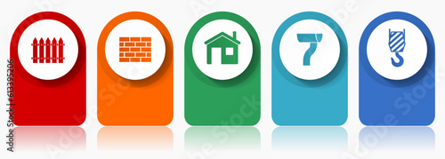 Home building icon set, flat design miscellaneous colorful icons such as fence, brick wall, home, gutter and crane hook for webdesign and mobile applications, infographic vector template in eps 10