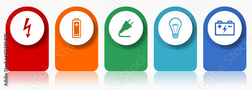 Power and energy icon set, flat design miscellaneous colorful icons such as bolt, battery, plug and light bulb for webdesign and mobile applications, infographic vector template in eps 10