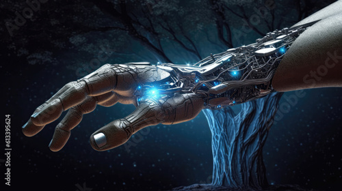 The Cyber Arm And Hand Of Man Holding The Ground With The Tree. Generative AI