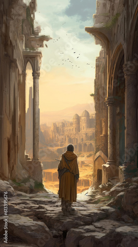 Standing Backwards The Ancient Sorcerer Is Shown Out In Front Of An Ancient Ruins. Generative AI © Ян Заболотний