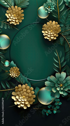 A Background With Gilding Flowers Forest Green Greeting Card Design. Generative AI