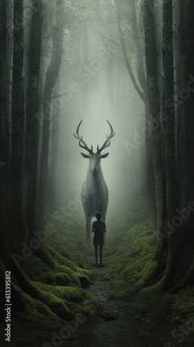 Standing Backwards The Mythical Creature Is Shown Out In Front Of A Mystical Forest. Generative AI © Ян Заболотний