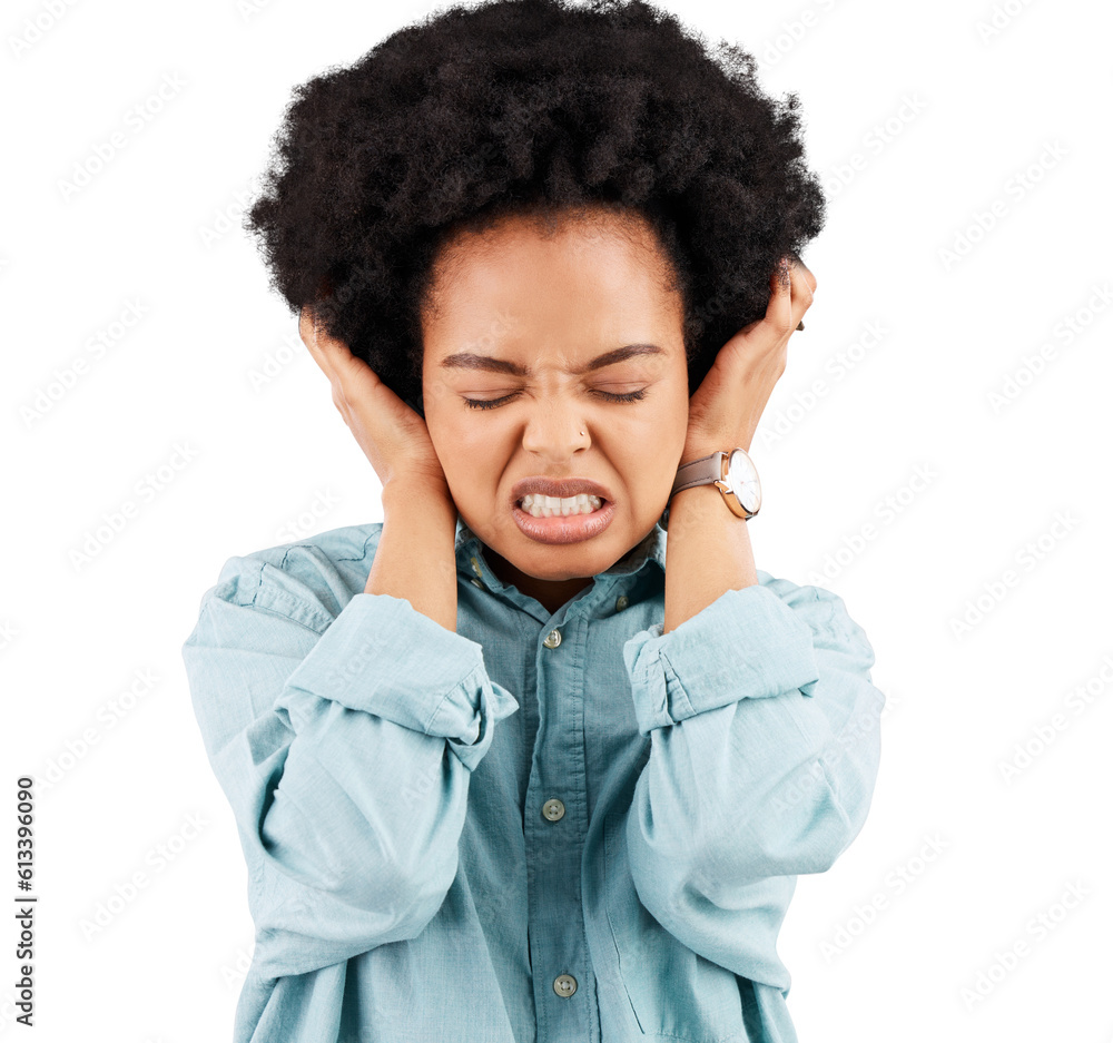 Headache, stress and hands on ear of black woman on isolated, transparent or png background. Noise, migraine and African female person with anxiety, vertigo or tinnitus, brain fog or frustrated emoji Headache, stress and hands on ear of black woman on isolated, transparent or png background. Noise, migraine and African female person with anxiety, vertigo or tinnitus, brain fog or frustrated emoji