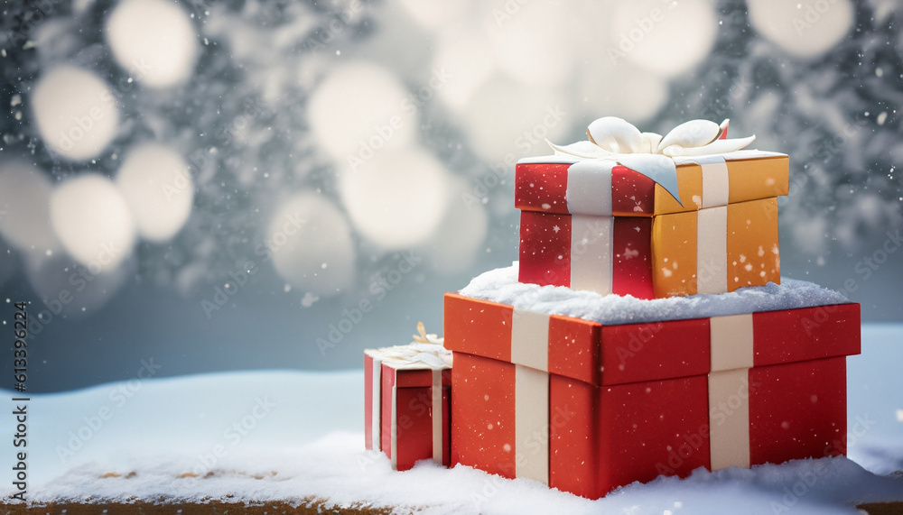 Christmas gifts on board with snowflakes and blurred winter background. Free space for your decoration. Generative AI