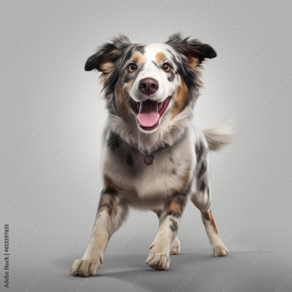 Indie dog, happy, playful, full body, jump, looking into camera