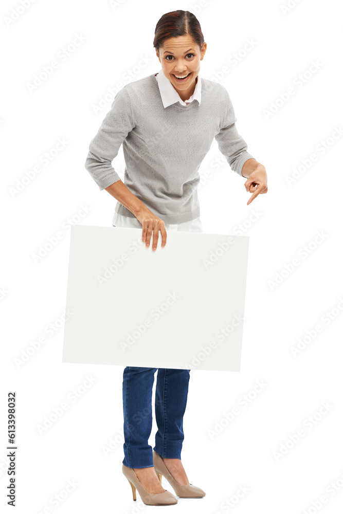 Happy, woman and pointing at blank poster for advertising isolated on transparent, png background. Female person portrait with mockup paper, banner or sign for announcement, information or space Happy, woman and pointing at blank poster for advertising isolated on transparent, png background. Female person portrait with mockup paper, banner or sign for announcement, information or space