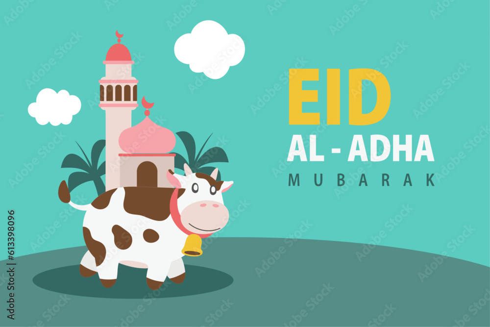 Fototapeta premium Holy Eid Al Adha Mubarak Cute Banner Cartoon doodle. Islamic and Arabic Greeting flyer for Muslim Community Festival graphic print Vector