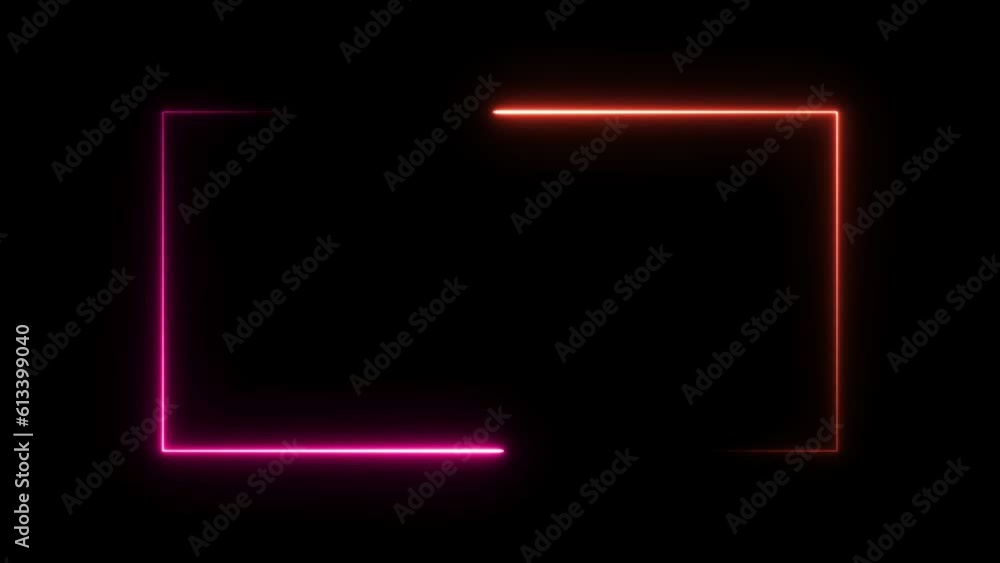 Abstract neon light glowing frame background. Colorful laser seamless loop rectangle 4K border. Futuristic light effect isolated on dark. Abstract neon light glowing frame background. Colorful laser seamless loop rectangle 4K border. Futuristic light effect isolated on dark.