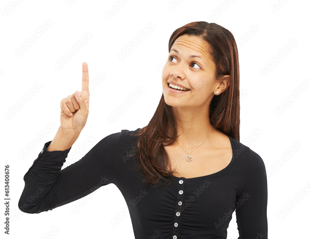 Φωτογραφία Smile, pointing and idea with face of woman on transparent background for news, announcement and choice