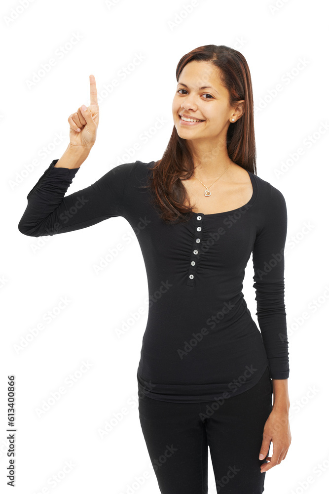 Smile, pointing and idea with portrait of woman on transparent background for news, announcement and choice. Decision, direction and presentation with person isolated on png for promotion and show Smile, pointing and idea with portrait of woman on transparent background for news, announcement and choice. Decision, direction and presentation with person isolated on png for promotion and show