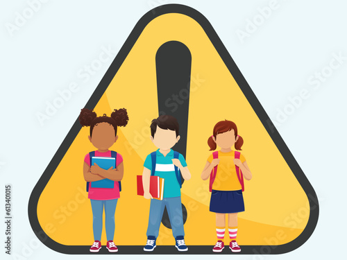 School childrens at Risk and Hazard at School with School Children Standing before Risk and Hazard, School Children Standing with a Caution sign. Risks and Abuse of Children, Safeguarding Children