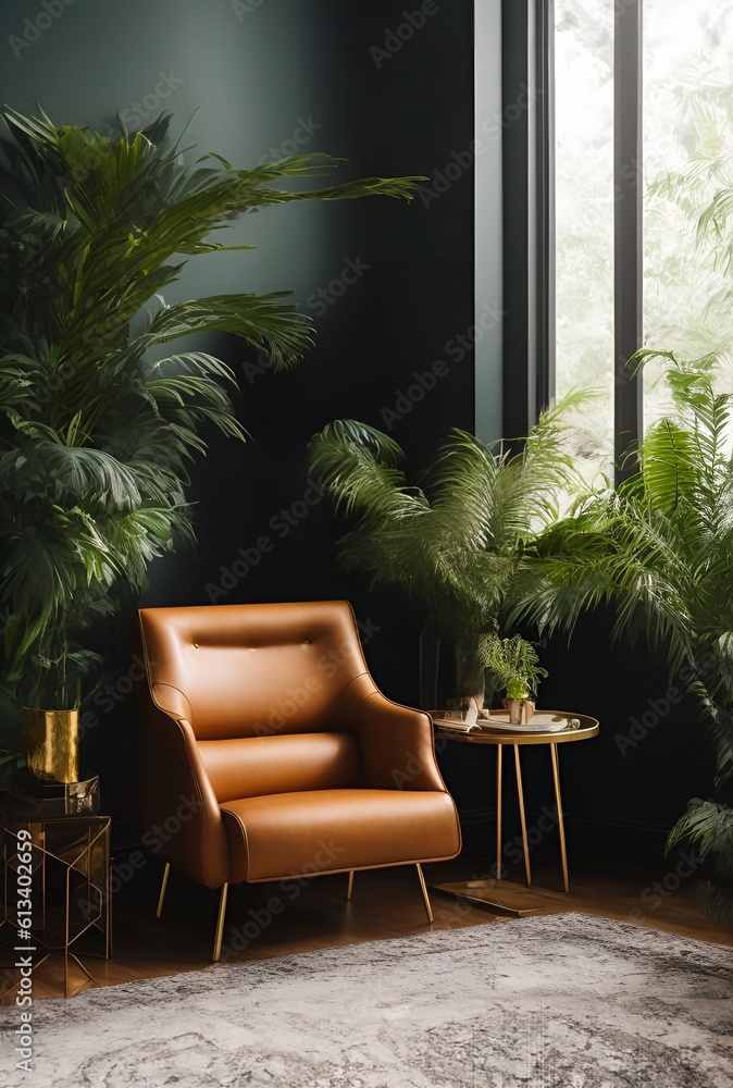 Fototapeta premium leather sofa armchair and rainforest plant soft Cinematic daylight generative ai illustration art