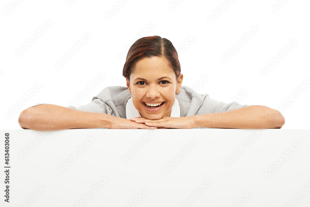 Portrait, funny and woman leaning on billboard isolated on a transparent png background. Face, laughing and person with mockup banner for advertising, marketing or copy space, branding and promotion. Portrait, funny and woman leaning on billboard isolated on a transparent png background. Face, laughing and person with mockup banner for advertising, marketing or copy space, branding and promotion.