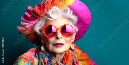 Beautiful 80 year old model in big sunglasses, super colorful style. Color palette of LGBT. Close-up. Generative Ai content.