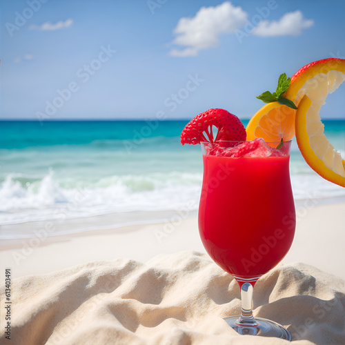 Red refreshing cocktail on the beach. Generative Artificial Intelligence.