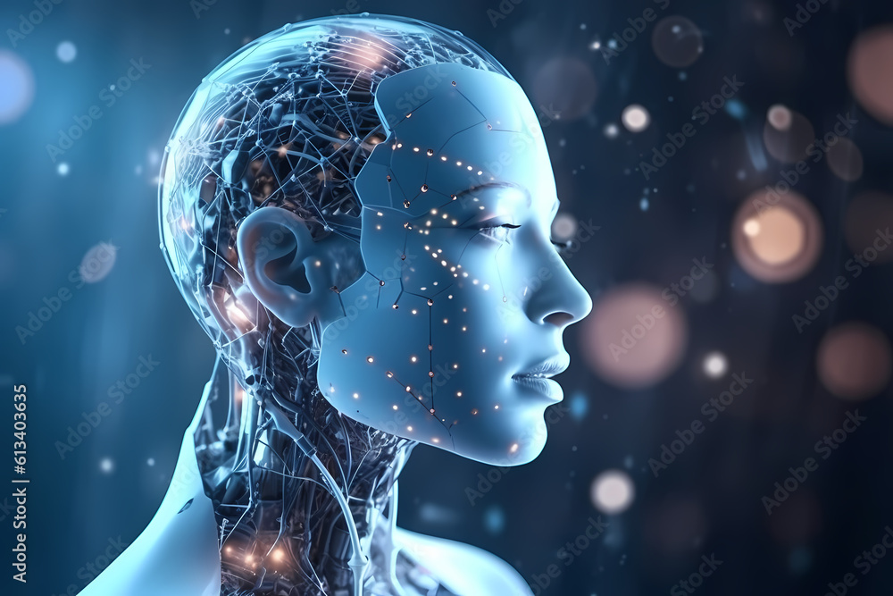 AI head closeup protrait with futuristic background and bokeh AI head closeup protrait with futuristic background and bokeh