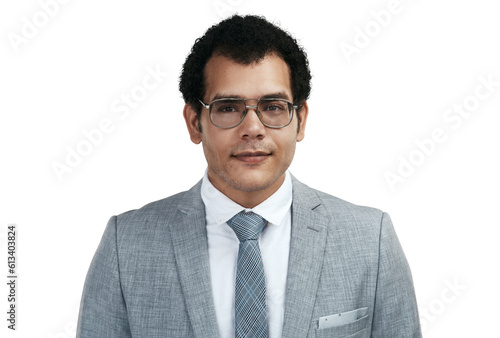 Businessman, face and portrait with sunglasses for fashion standing isolated on a transparent PNG background. Man, employee or manager in stylish formal clothing, suit or business style with ambition