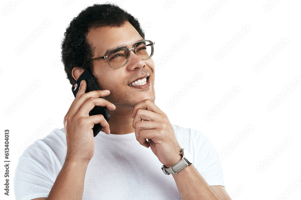 Phone call, thinking and man or student for university choice, chat or ideas isolated on transparent png background. News, mobile contact and person with vision, future plan and college communication Phone call, thinking and man or student for university choice, chat or ideas isolated on transparent png background. News, mobile contact and person with vision, future plan and college communication
