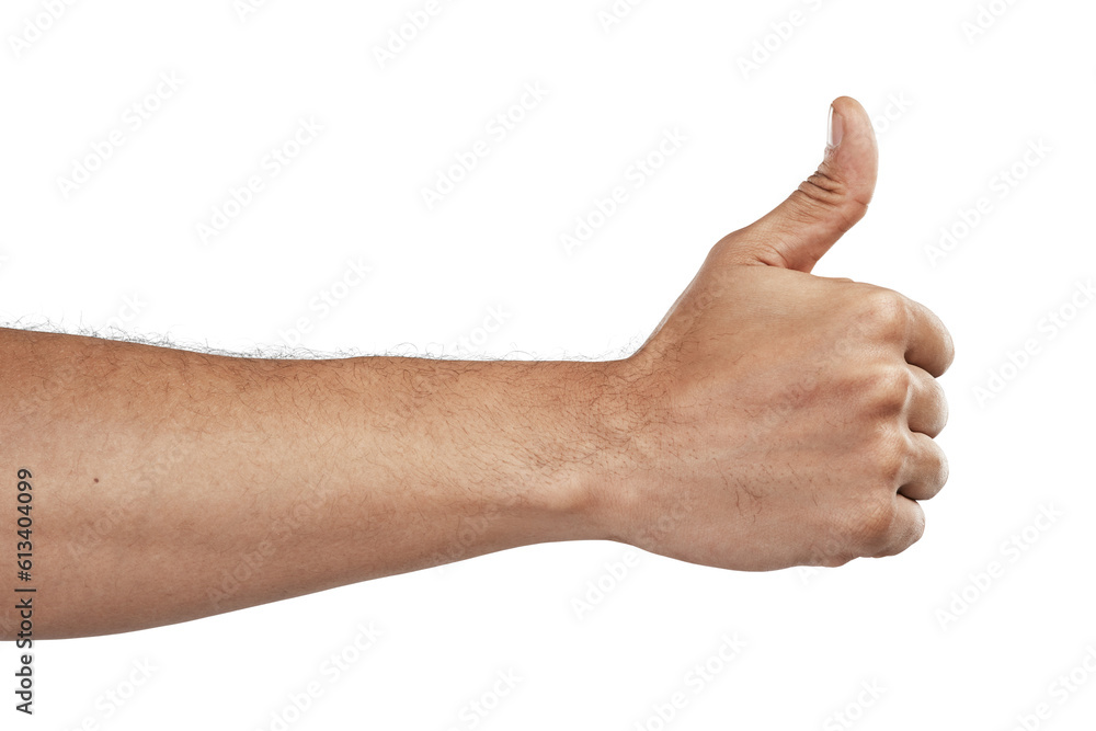 Hand, thumbs up and emoji, agreement and feedback with like, yes and ok isolated on transparent png background. Sign, gesture and vote, person with review and support, goals and win with success