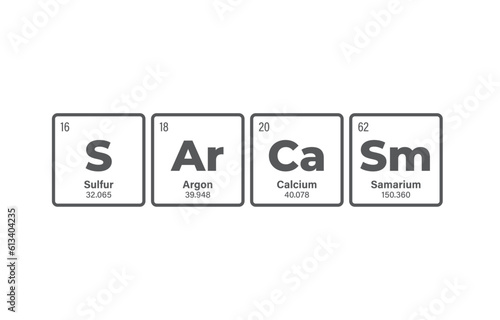 Vector inscription SARCASM composed of individual elements of the periodic table. Isolated on white background